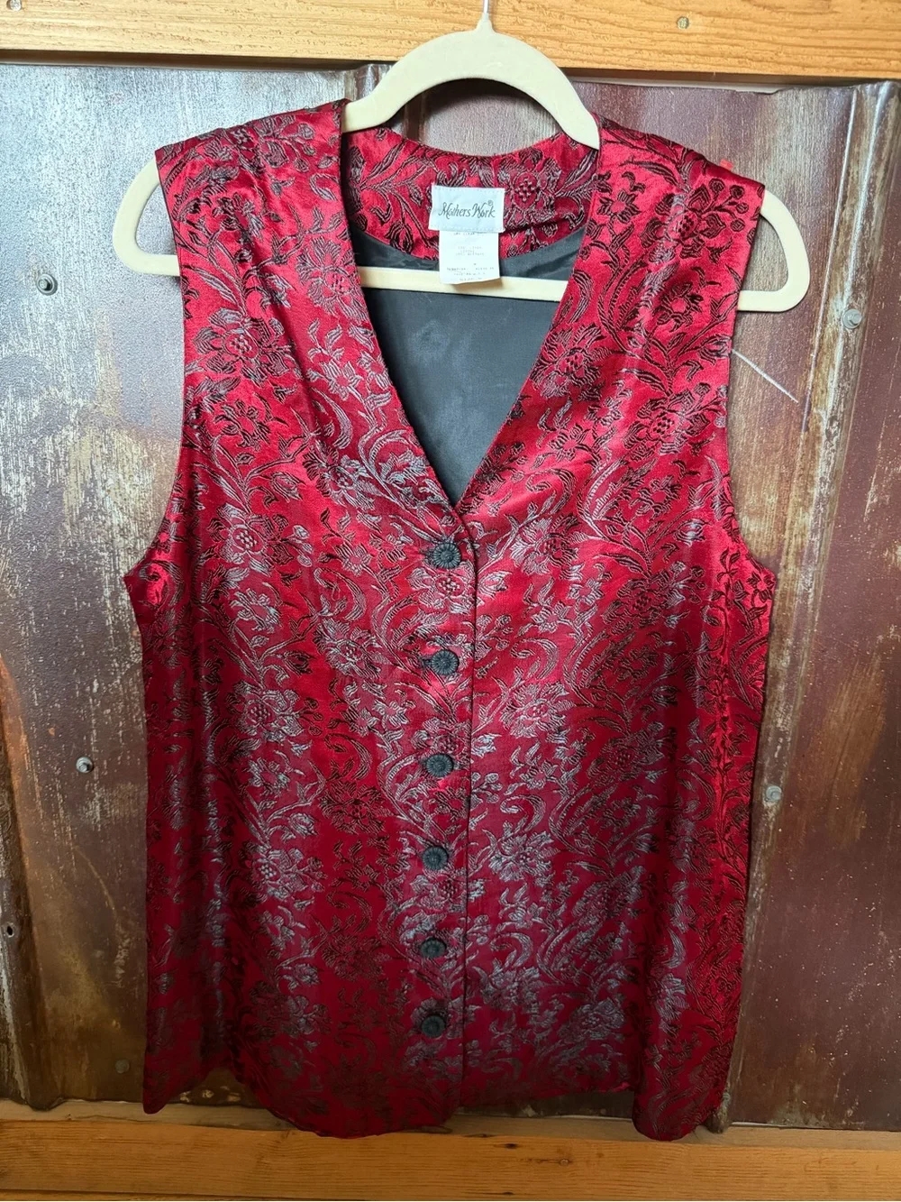 Vintage Mothers Work Red Black Brocade Linen Vest USA Small